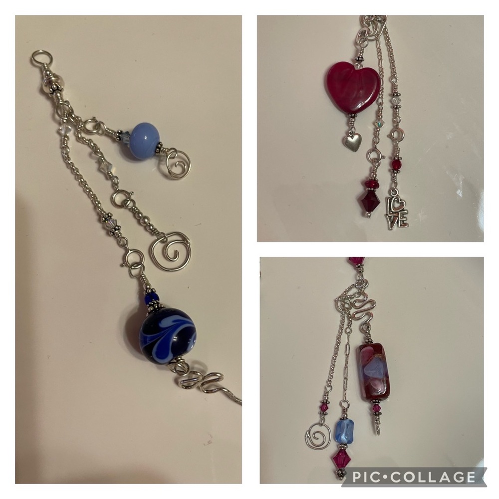 Three handcrafted beaded drop pendants.